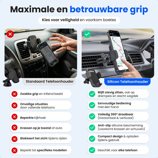Siltcon® Telefoonhouder Auto Ventilatie - Telefoonhouders Auto - GSM Houder Auto - Auto Accessories - Verstelbaar en 360° Draaibaar - Universeel voor alle Telefoons