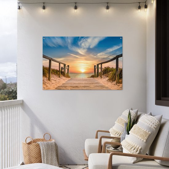 Tuinposter strand - Tuindecoratie zonsondergang - 120x80 cm - Wanddecoratie voor buiten - Schutting decoratie - Buitenposter - Schuttingdoek - Tuindoeken - Tuin doek - Balkon poster