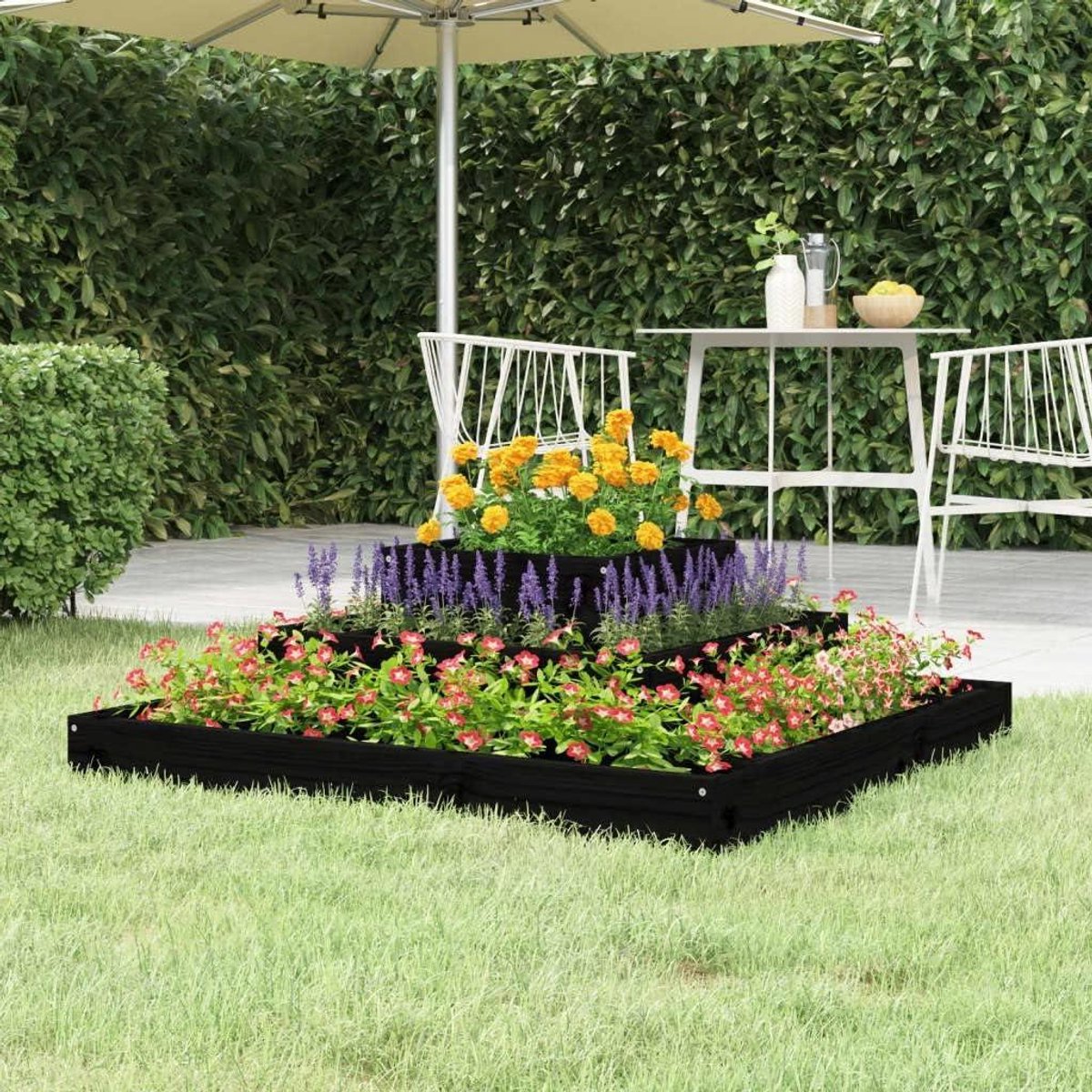 Plantenbak Hout - Bloembak Balkon - Planten Kweken - 3-Traps Design - 80 x 80 x 27 cm - Zwart
