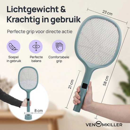 Lichtgroene vliegenmepper met handvat, 58 cm lang, 23 cm breed rooster. Afmetingen en kenmerken weergegeven.