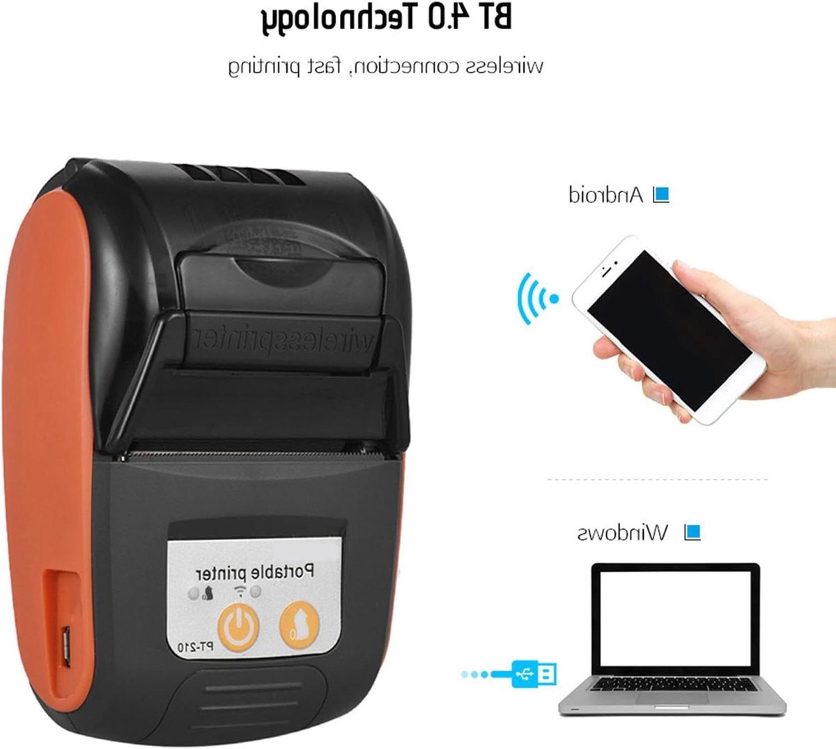 Draagbare Bonprinter - Mobiele Printer - Onderweg Printen - Directe Thermische Technologie - 58 mm Papierbreedte - Oranje
