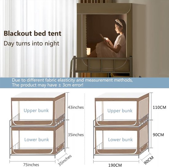 Bed Tent - Slaaptent Privacy - Creëer Rust - Volledige Verduistering - 190x90x90cm - Beige — afbeelding 3