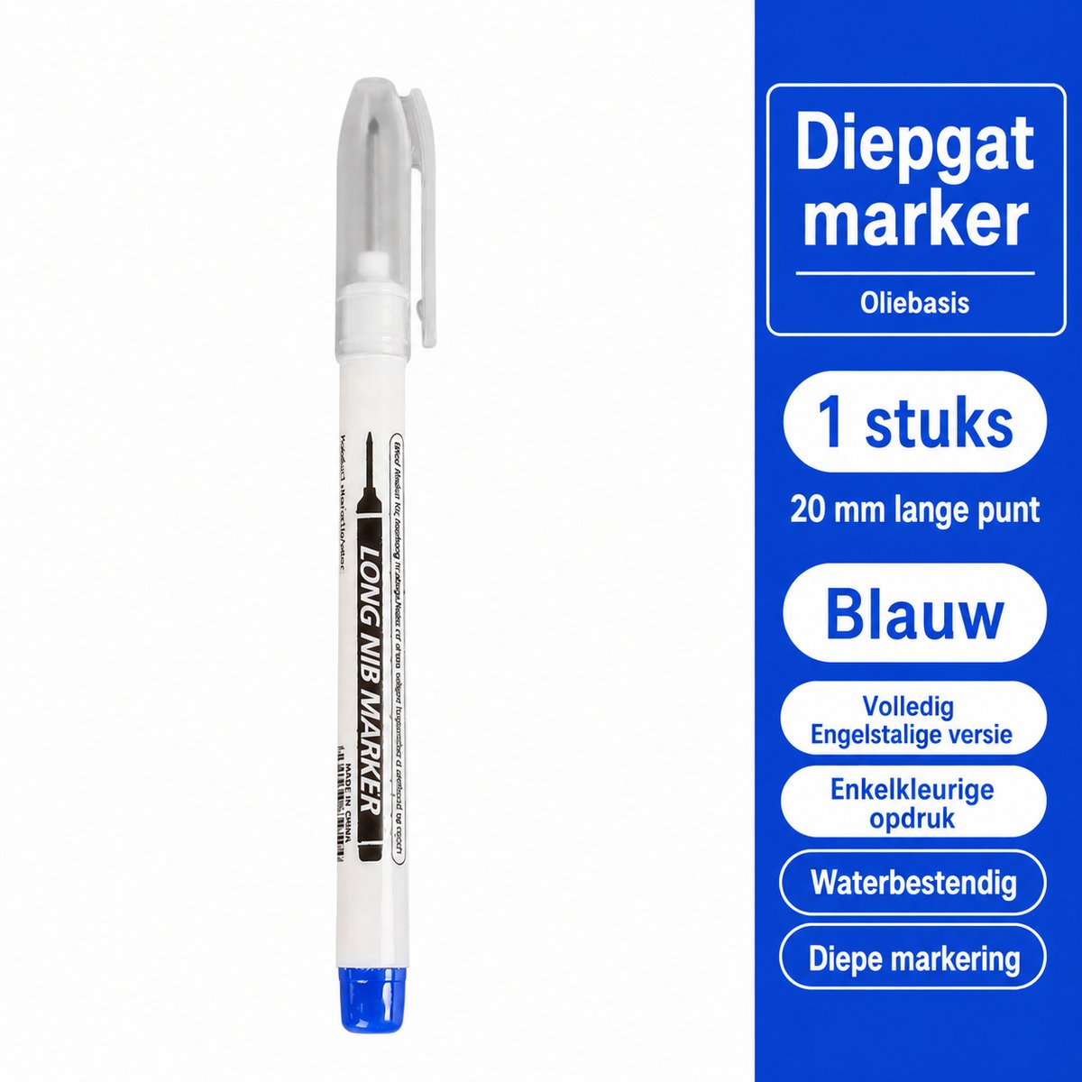 TLVX Lange Permanent Marker Blauw – Markeerstift – Verlengde Timmermans Inkt Potlood – Bouw Markering stift – Timmerman Pen Dun - 20mm Long Tip Marker – Diep Gat – Teken Hout, Metaal, Glas, Spiegel, Tegels, Beton, Keramiek – Blauwe Inkt – 1 stuks
