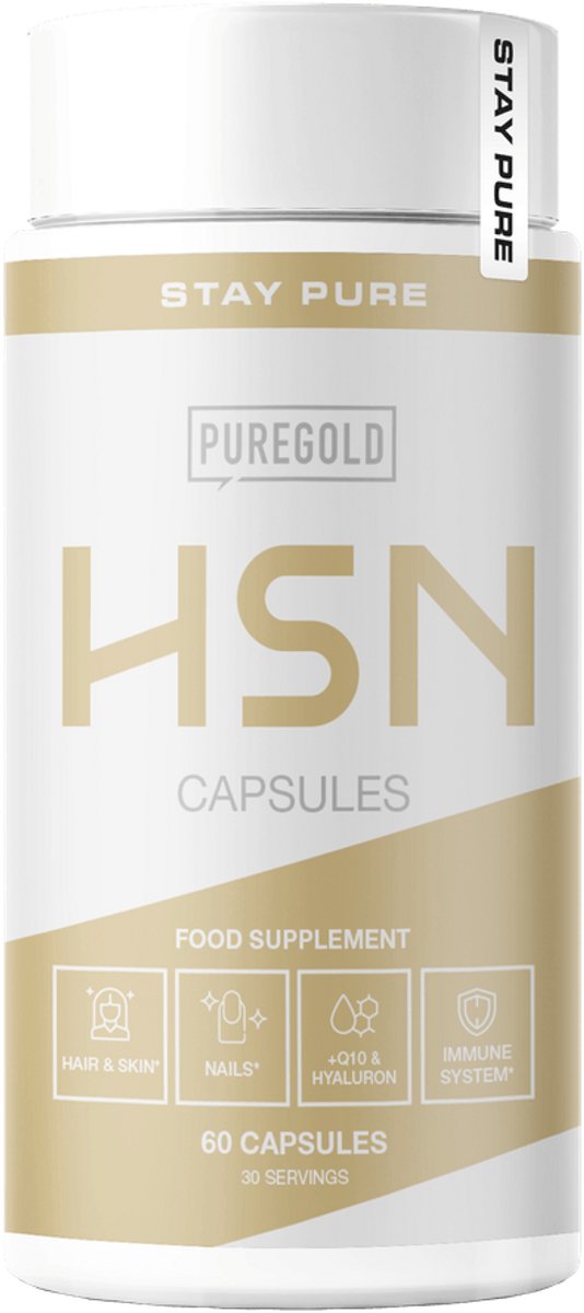 Pure Gold HSN – 60 Capsules – 30 Porties – Hyaluronzuur & Q10 met Vitamine C, D, A, B6, Zink & Niacine – voor Huid, Haar & Nagels