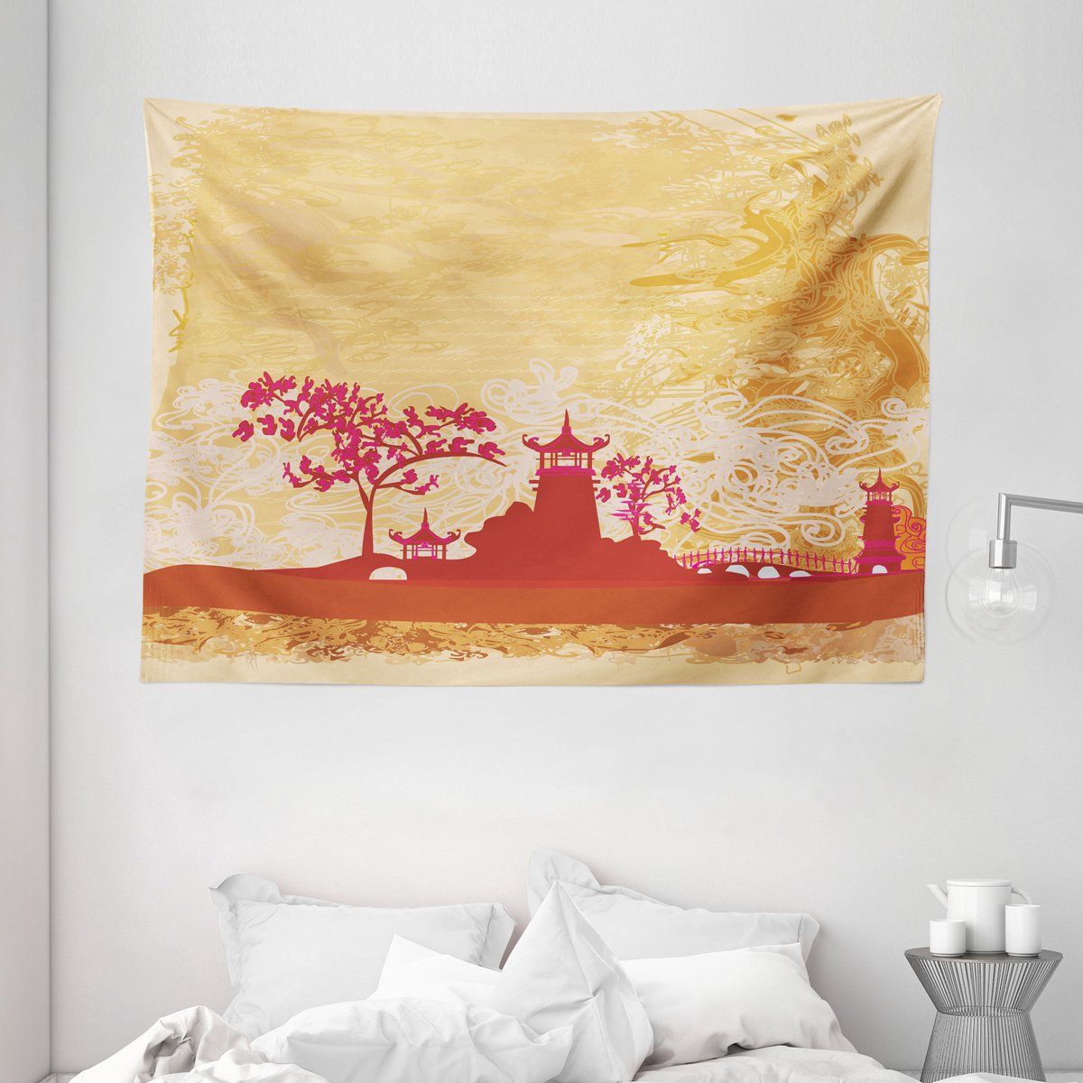 ABAKUHAUS Bloemenwandtapijt, Oosterse Landschap, 150 x 110 cm, Oranje Roze