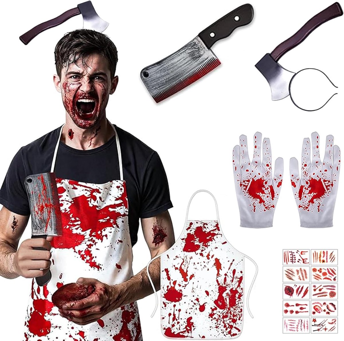 Griezelig Halloween Slagerskostuum met Bloedige Schort, Bijl en Slagersmes voor Feest en Cosplay