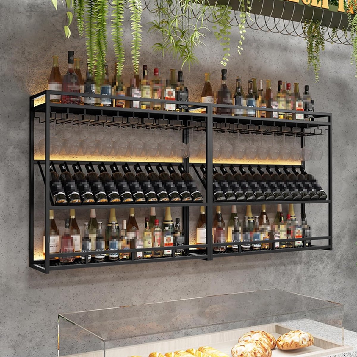 Wandgemonteerd wijnrek 200cm / 78,7 inch – 3-laags metalen wijnrek met glazenhouder en flessenopslag – industrieel zwart design, grote capaciteit voor keuken, bar en restaurant – HomebyNicole