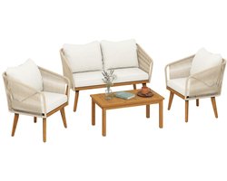 Tuinset - Loungeset met 2-Zitsbank, 2 Fauteuils, Salontafel & Wasbare Kussens - Tuinmeubelset voor 4 Personen - Tuinbank - Zitset - Tuinsalon - Zitgroep - Polyrattan - voor Terras, Balkon, Tuin - Beige + Natuurlijk Hout + Crèmewit
