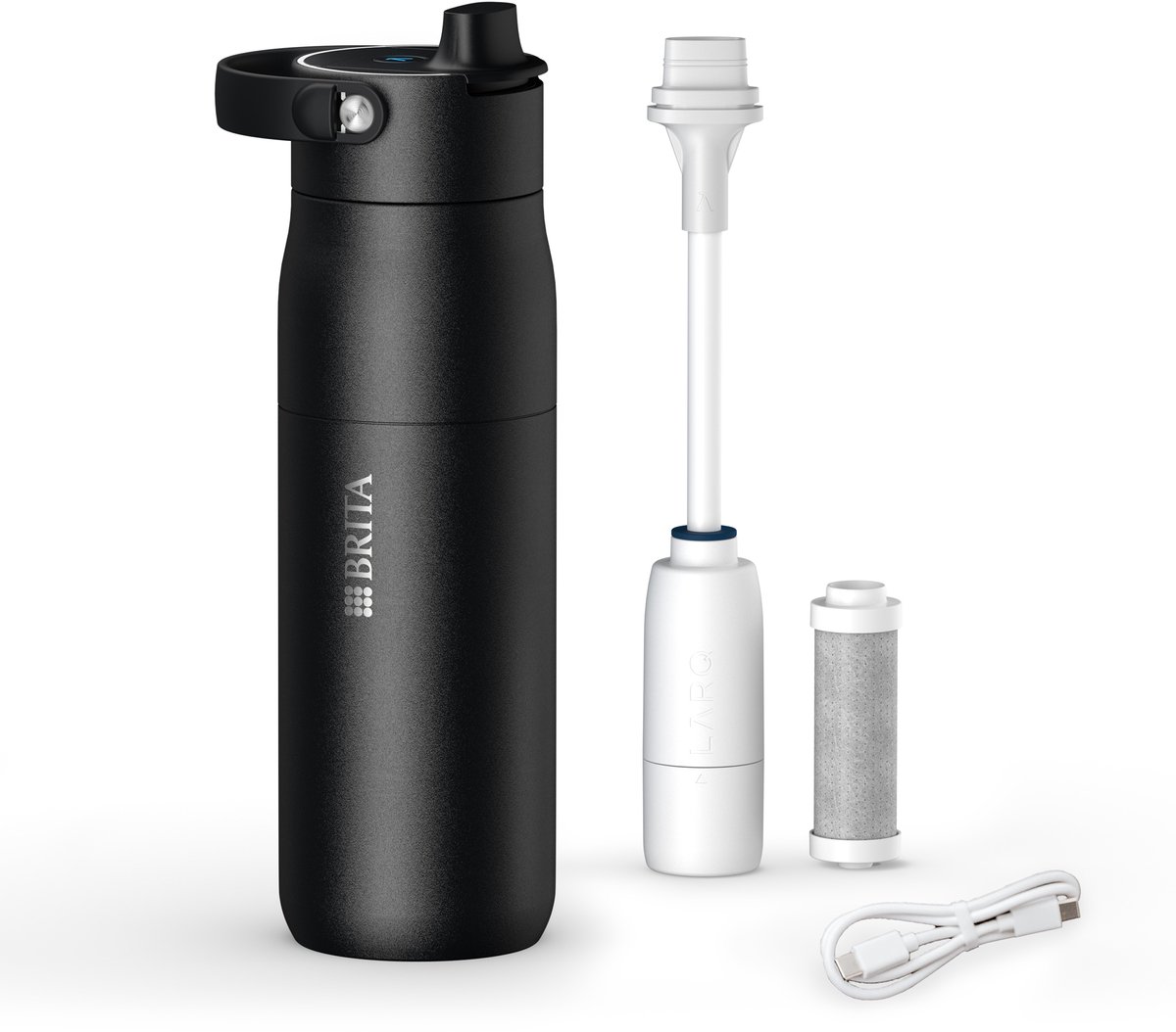 BRITA LARQ iQ Digitale Waterfilterfles Zwart - 680 ml - RVS Drinkfles met hydratatie tracking app, actieve koolstofwaterfilter & UV-C - neutraliseert 99.99% bacteriën, vermindert micro-onzuiverheden, PFAS & meer