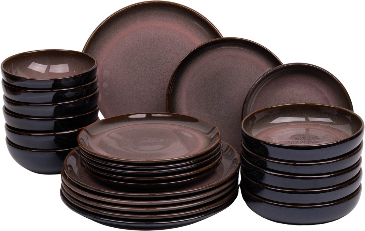 24 delige serviesset - 6 persoons - Vila Nova - blauw met roze - Portugees stoneware