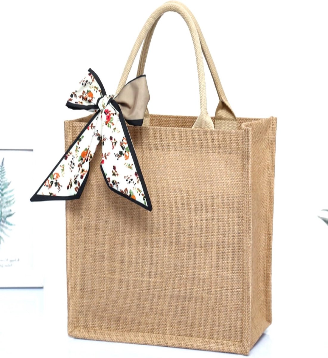 Duurzame Jute Tas, Waterdichte Jute Shopper met Grote Capaciteit, Retro Tote Bag voor Vrouwen met Zijden Sjaal
