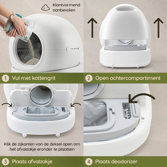 Onderdelen van een witte automatische kattenbak. Instructies voor vullen, openen en afvalzak plaatsen.