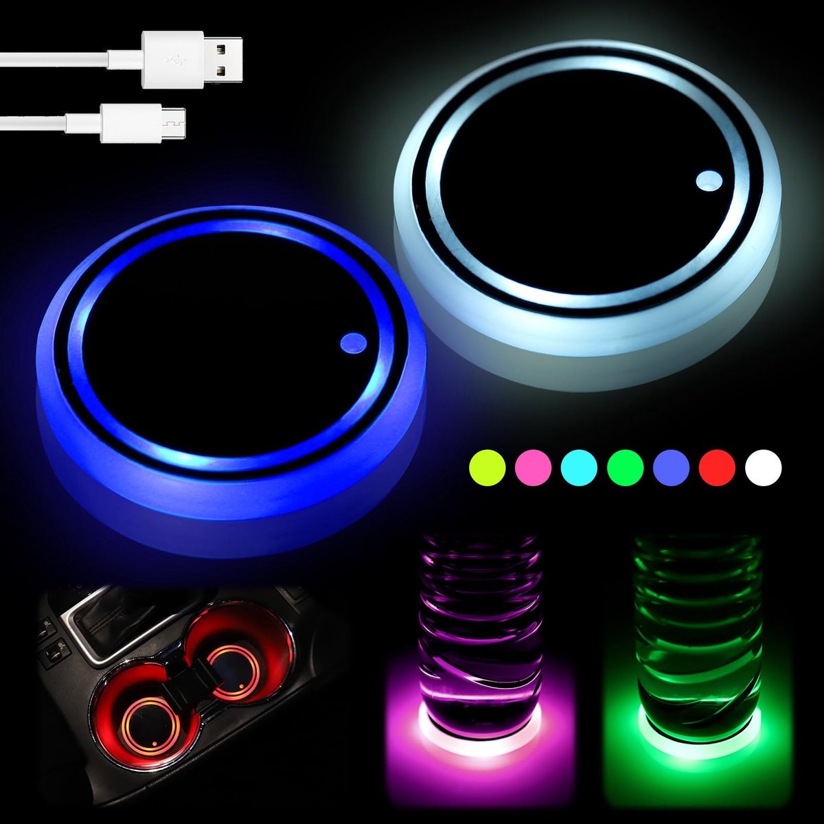 aladdien - Led-auto-onderzetter - USB-bekerhouder verlichting - 7 kleuren - Intelligente lichtonderzetter - Universeel - Geschikt voor elke auto
