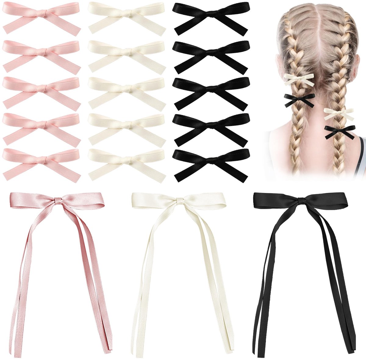 Allecto - Mini-strikhaarspelden - Haarclips - Schattige haarspeld - Satijnen strikken - Voor dames - 18 stuks - Geschikt voor lang en kort haar