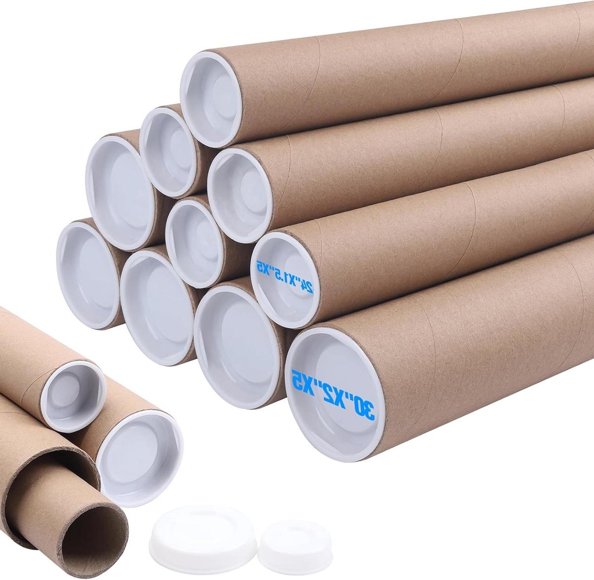 Posterbuizen met doppen - Verzendkokers karton - Kunst opslag - Hoge kwaliteit constructie - 10 stuks 76 cm - Bruin