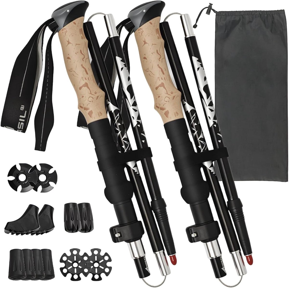 Wandelstokken Set - Trekkingstokken Opvouwbaar - Buitenwandelen Ondersteuning - Verstelbaar Aluminium - 110-125 cm - Zwart