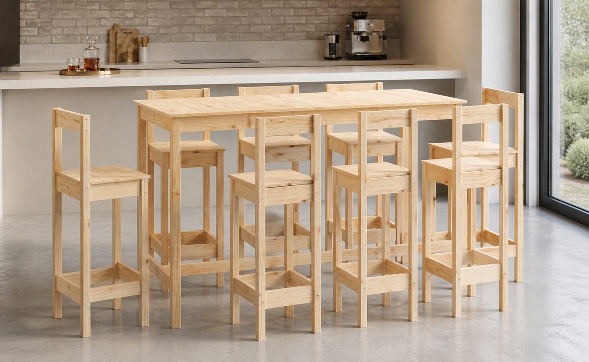 Bartafelset van Massief Grenenhout – Robuuste Industriële Bartafel 180x80x110 cm – Naturel Houten Barset – Stevige Keuken- en Eetkamer Bartafel Ganeey