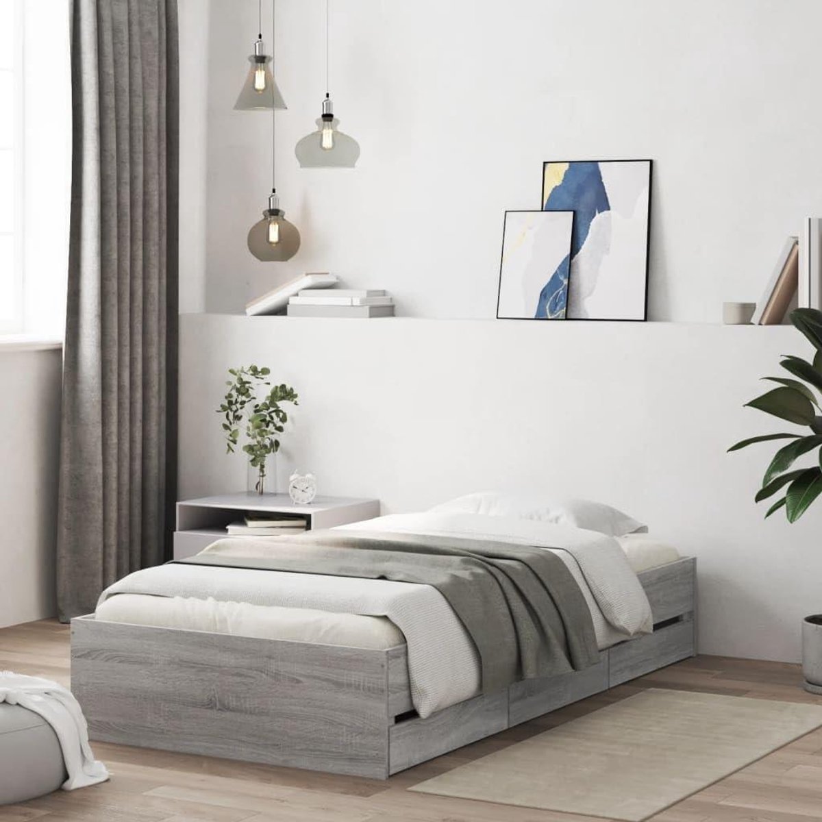 Bedframe met laden - Eenpersoonsbed - Slaapkamer inrichten - Praktische opbergruimte - 75 x 190 cm - Grijs Sonoma