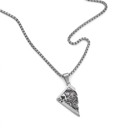 Zilverkleurige ketting voor heren – schakelketting met kaartfragment hanger (klaveren vrouw design)