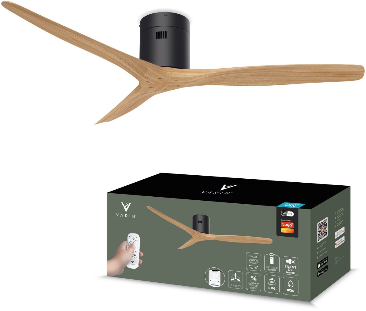 Varin® Smart Plafondventilator - Zwart/Naturel - Tuya Wifi - LED CCT - Lange bladen - Ø 132cm - 6 snelheden - Super stil 20dB - Met afstandsbediening en app - Ventilatorkachel - Ventilatoren plafond - Plafondventilator - Plafond ventilator slaapkamer