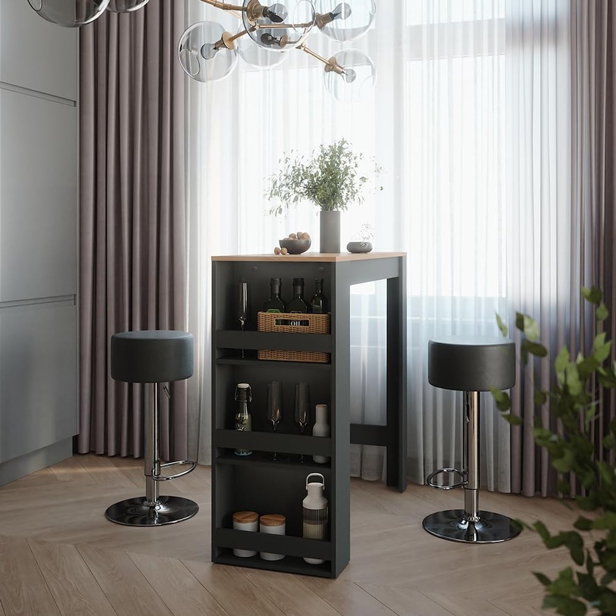UrbanRepose SlimLine BistroBar Bartafelset met 2 Barkrukken 110 x 45 x 106 cm – Moderne Keuken- en Eetkamerset in Antraciet & Goldkraft Eiken – Ruimtebesparend Design