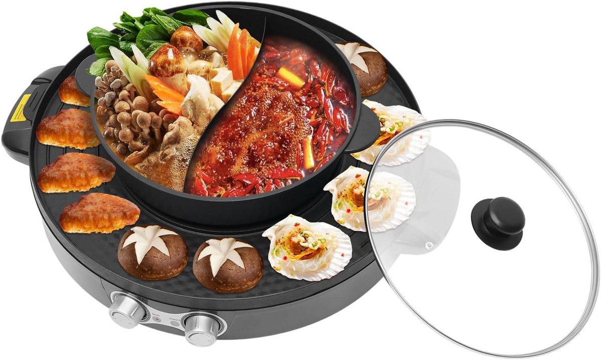 Elektrische Hot Pot Tafelgrill Samen Eten 2-in-1 Functie 44 cm Diameter Zwart