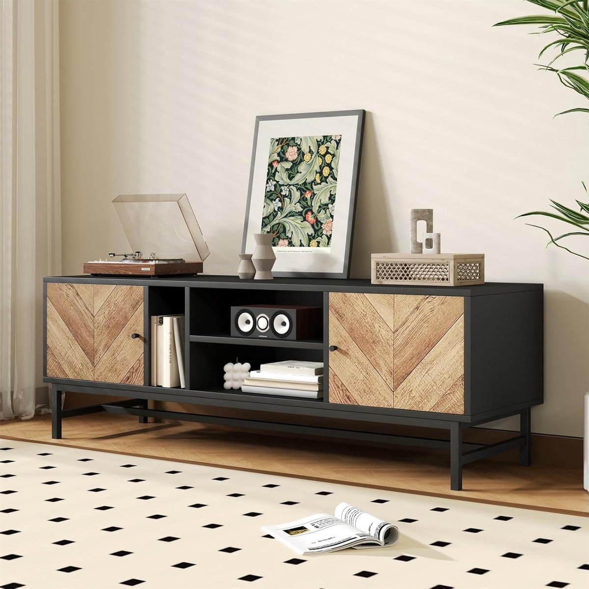 Tv-kast met deuren - Moderne televisietafel - Opbergen en decoreren - Houtpatroon contrast design
