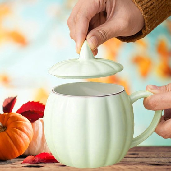 Halloween pompoenbeker met deksel | keramische mok voor feest | temperatuurbestendige pompoen keramische mok voor koude en warme dranken werkplek woonkamer slaapkamer thuis reizen — afbeelding 2