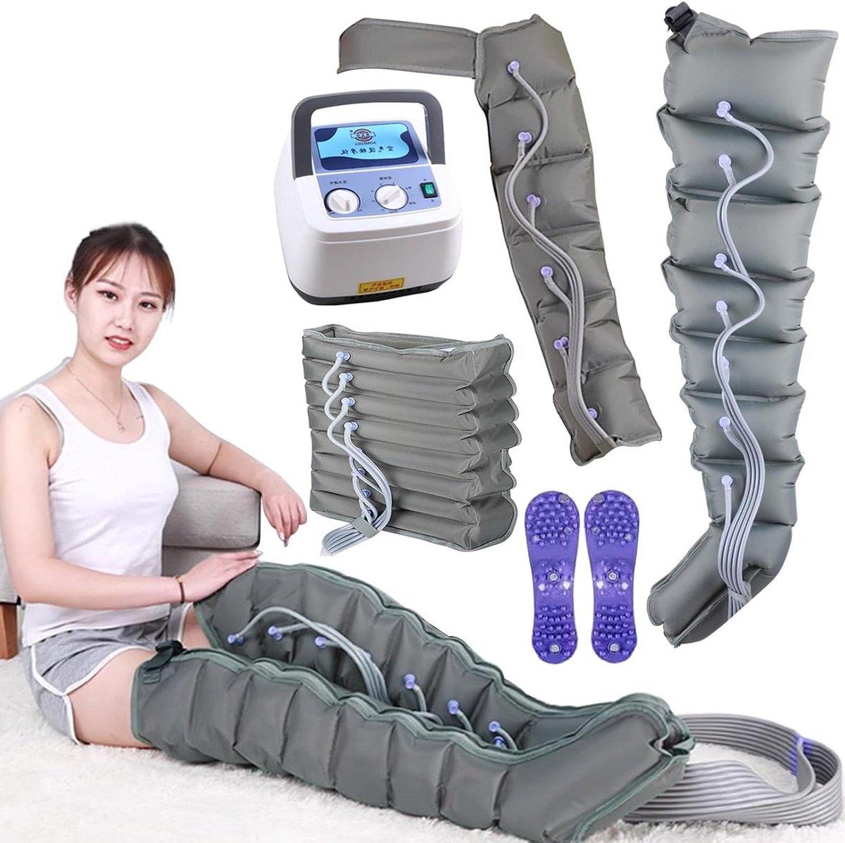 Luchtcompressiemassageapparaat - Beenstimulator - Spierherstel - 8 Luchtkamers - 1x Been 1x Arm - Grijs