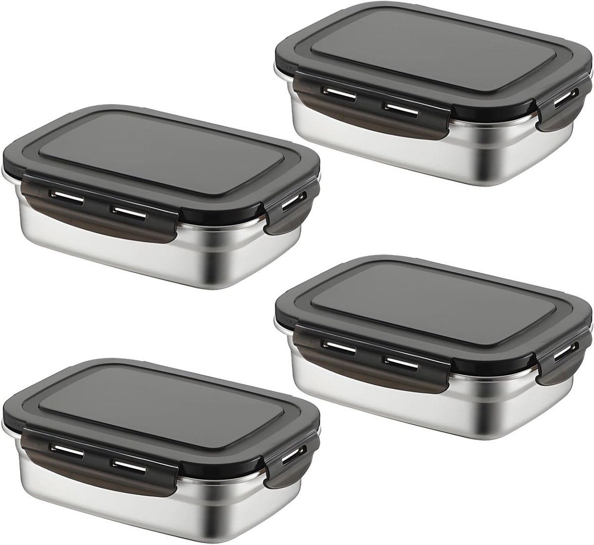 RVS Voedselopbergset van 4 Stukken, 590ml, Lekvrije Lunchboxen met Plastic Deksel, Ideaal voor Meal Prep en Airtight Snackopslag in Keuken en Vriezer