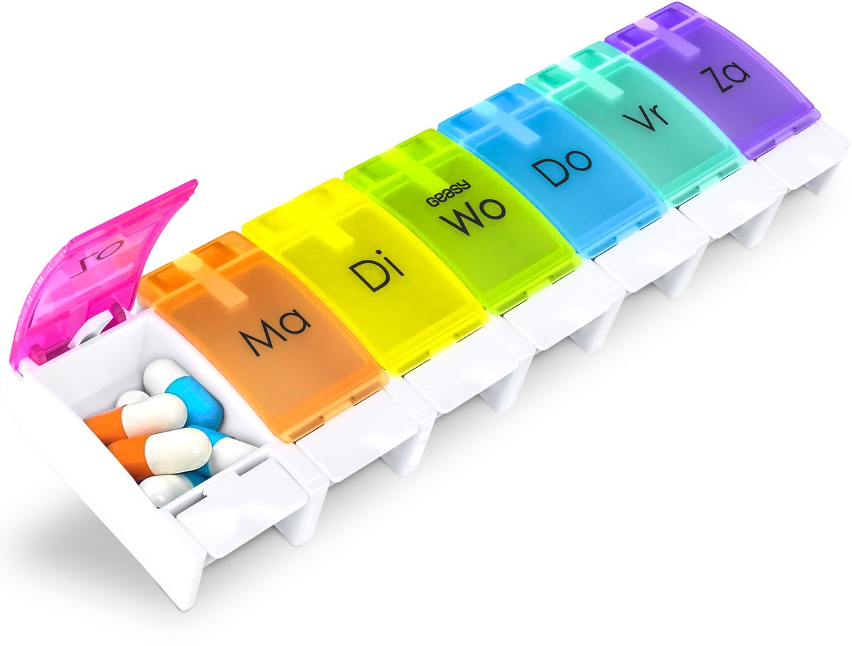 GEASY Pillendoos 7 dagen - Pillendoos met handig kliksysteem - Medicijndoos met Grote vakken - Pillndoos 7 dagen met sterke vergrendeling - Nederlandstalige Pillendoos - Medicijndoosje 7 dagen – Pillendoosje