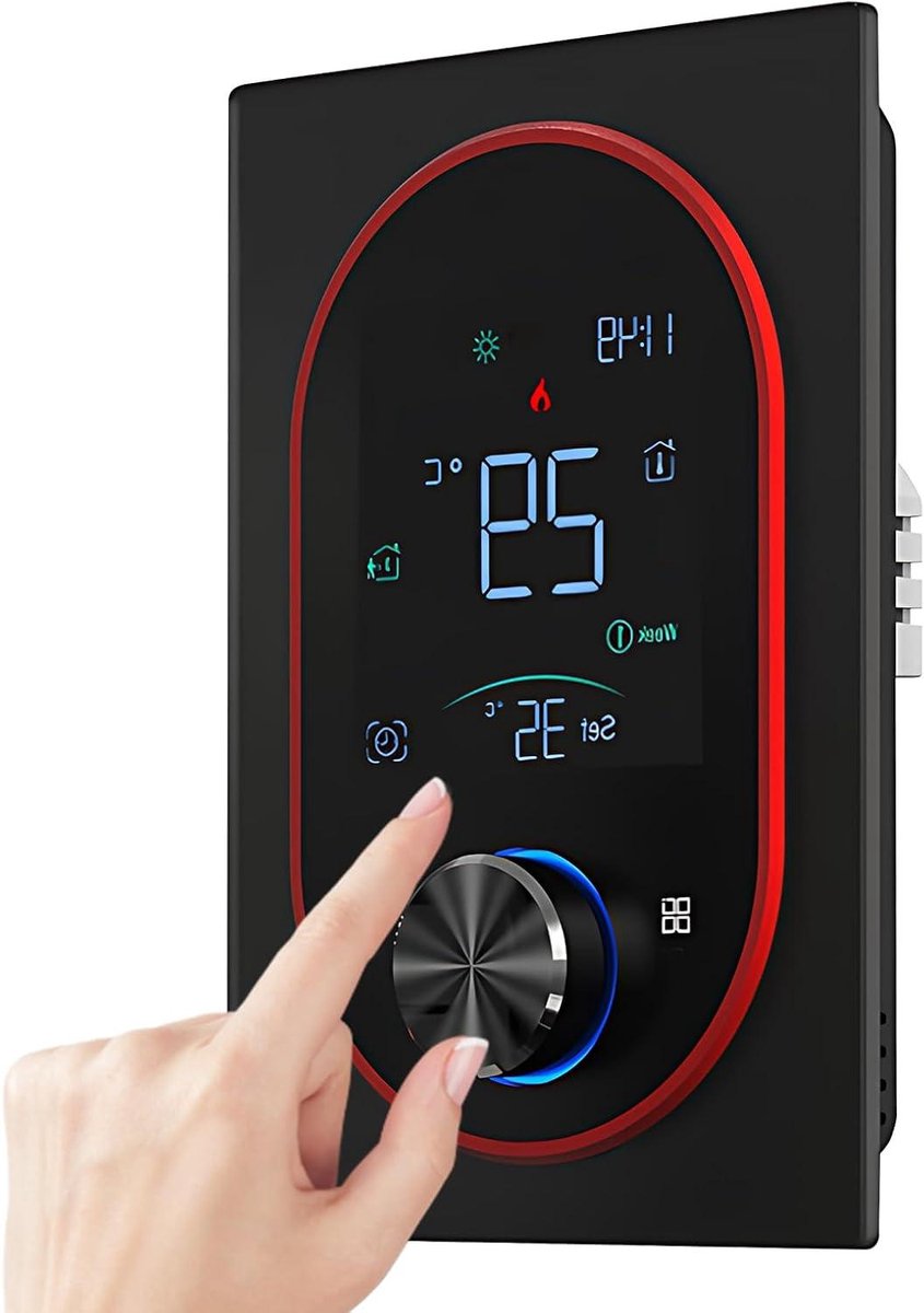 Intelligente thermostaat voor de thermostaat AC thuis met digitaal touchscreen VA en verstelbare knop 5 + 1 + 1 handleiding voor wekelijkse programmering, automatische vakantietijd (zwart)