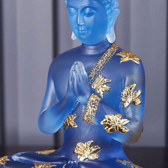 Boeddhabeeld, klein zittend Boeddhabeeldje Hars verzamelobjecten Decor, Sculptuur Ornamenten voor Huisdecoratie Fengshui, Blauw — afbeelding 5