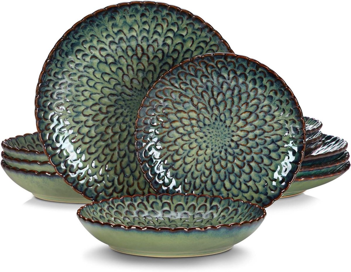 Serviesset Keramiek - Aardewerk Servies - Tafel Dekken - Krasbestendig Design - 24 Stuks - Groen