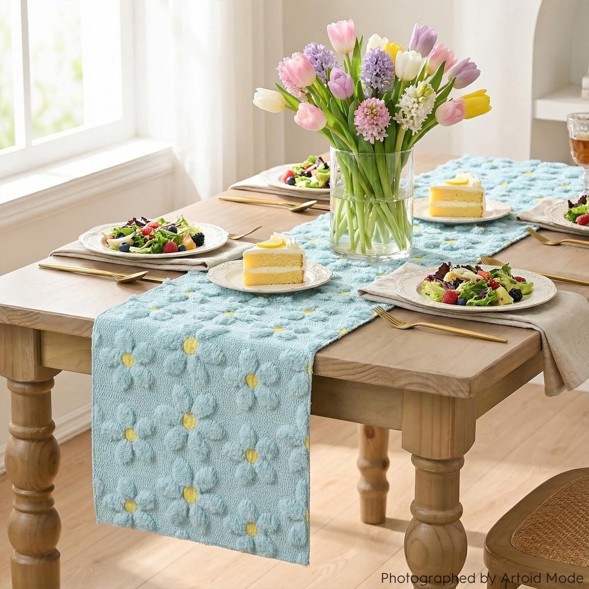 Dailygoods - Zachte Pluche Tafelloper met Blauwe Madeliefjes 33 x 183 cm