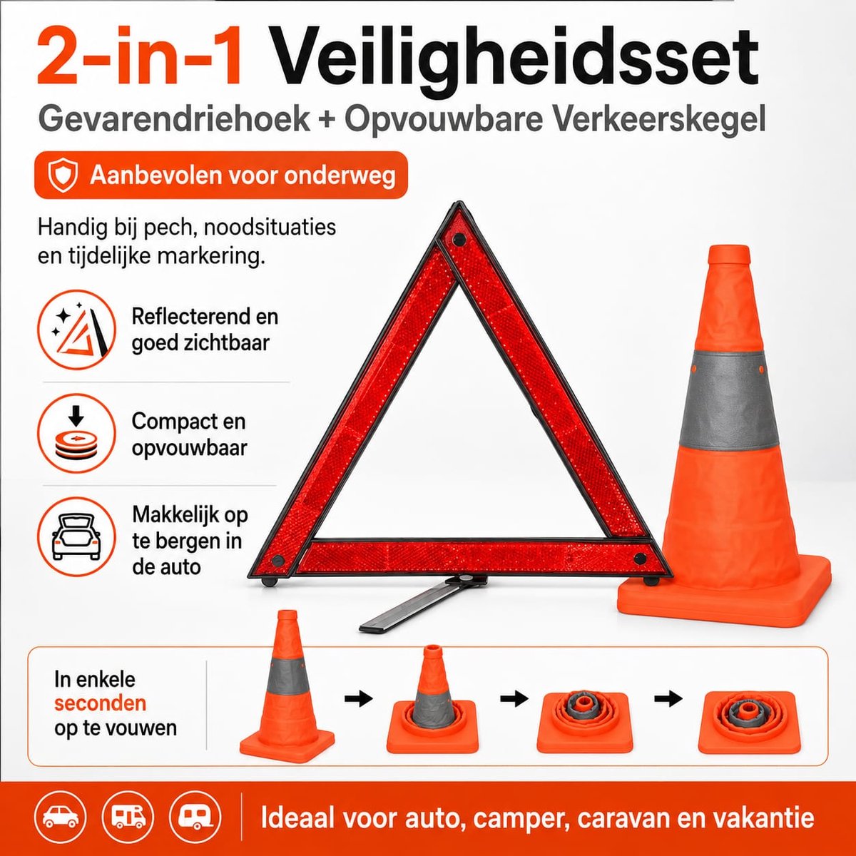 Auto Veiligheidsset 2-in-1 – Gevarendriehoek & Opvouwbare Verkeerskegel – Reflecterend – Voor Pech, Auto, Camper en Caravan