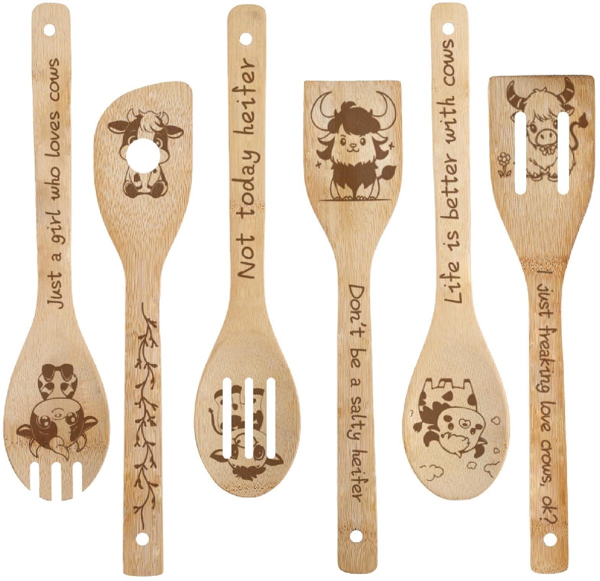 Dailygoods - 6-delige Houten Koe-Lepelset voor de Keuken
