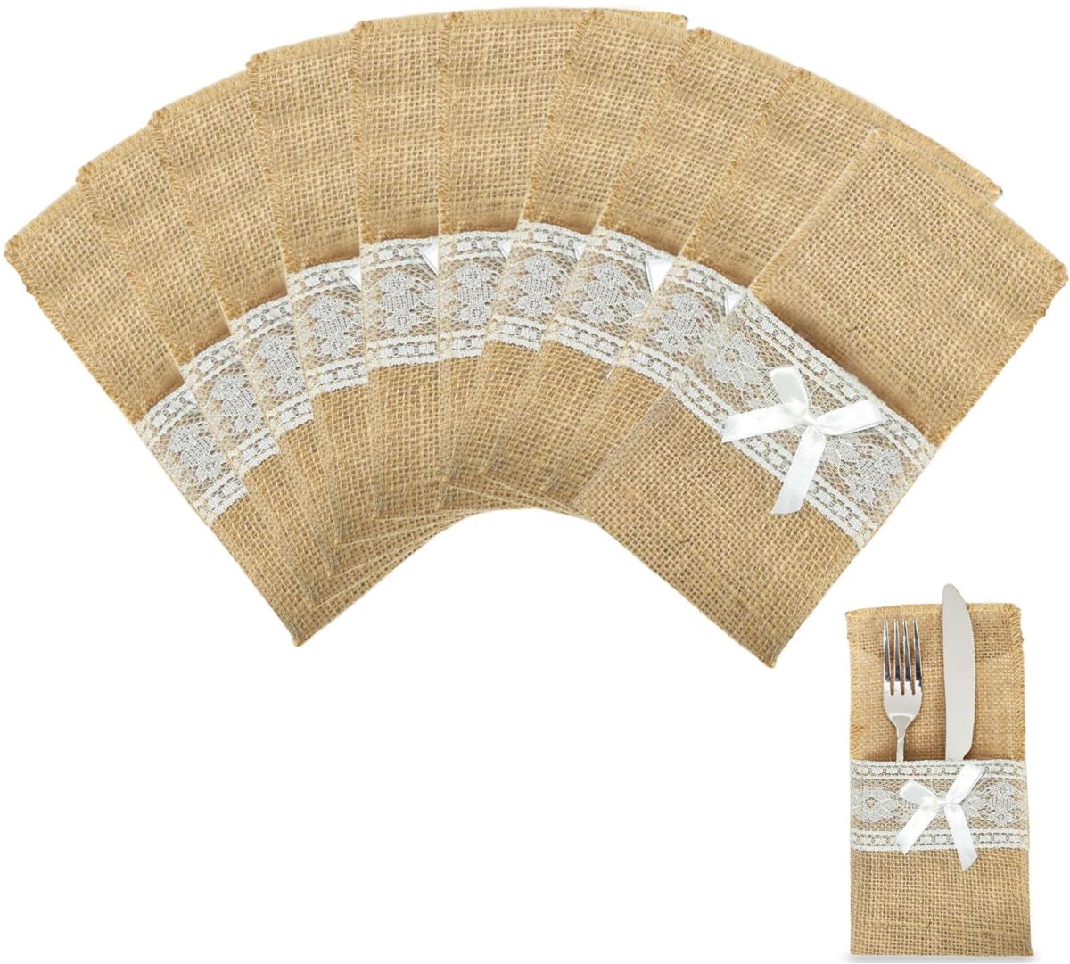 Dailygoods - Set van 10 Jute Bestekzakken met Kant voor Feestdecoratie