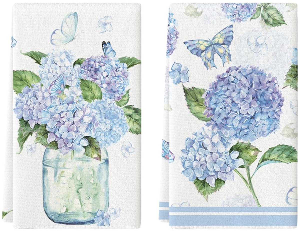 Dailygoods - Set van 2 Keukendoeken met Hortensia Design, 42 x 65 cm
