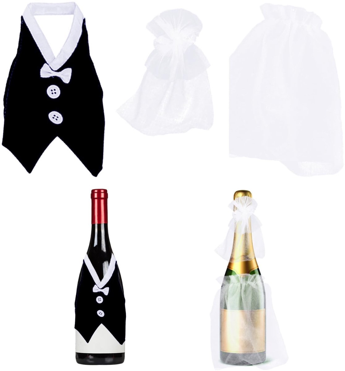 Dailygoods - Set van 2 Bruiloft Wijnfleshoezen in Zwart en Wit