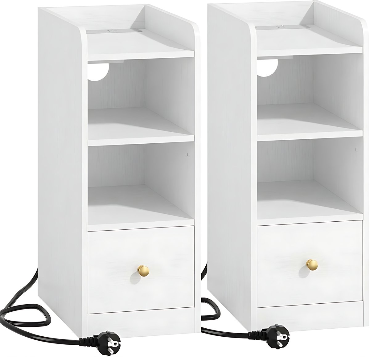 Happiq Nachtkastjes Set van 2 – Voor Slaapkamer – Bijzettafel met Oplaadstation, USB & Type-C Aansluiting, 3 Opbergniveaus en 1 Lade – Wit White
