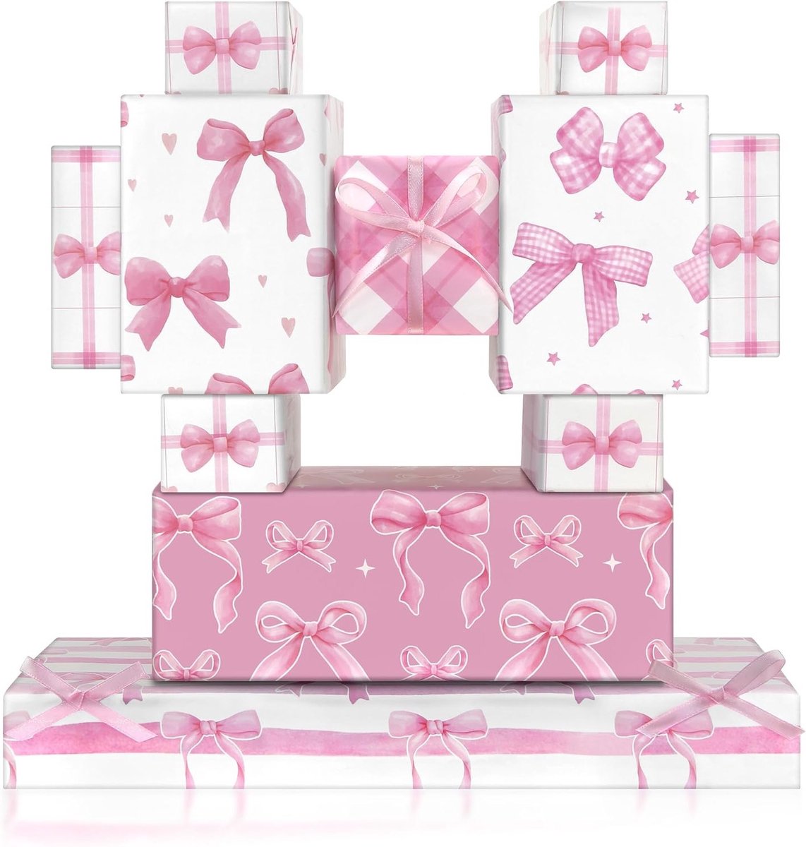 Roze strik inpakpapier met lint - 6 vellen geruit geschenkpapier voor Valentijnsdag, bruiloft en verjaardagen voor meisjes en vrouwen