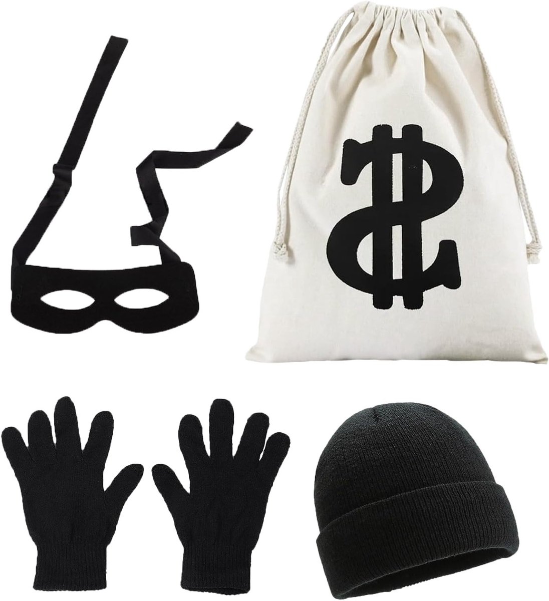 Set van 4 Accessoires voor Bandieten Kostuum met Oogmasker, Handschoenen en Gebreide Muts - Ideaal voor Verkleedfeest en Halloween, Inclusief Dollar Sign Portemonnee