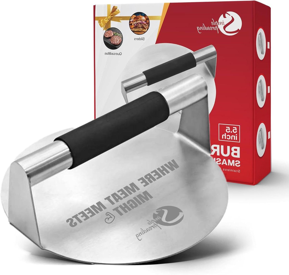 Simple preading Extra brede roestvrijstalen hamburgerpers 5 'Inch Smasher One Cast voor bakplaat grill en platte bovenkant. Keuken & BBQ Tool. Anti-brandwonden handvat
