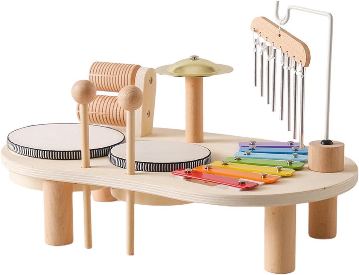Houten Drumstel Kinderen - Muziektafel Speelgoed - Muzikale Ontwikkeling - Veilig Glad Afgewerkt - 39x23x8.2cm - Multicolor