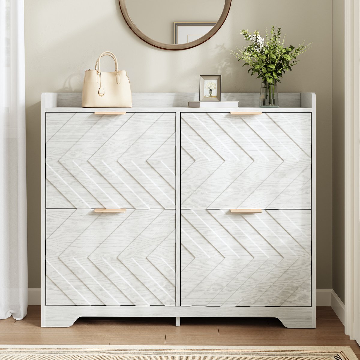VVBV Hal Schoenenkast met Smal Model, Geometrisch Front - Ruimtebesparend, Voor Hal/Entree, 4 Kleppen