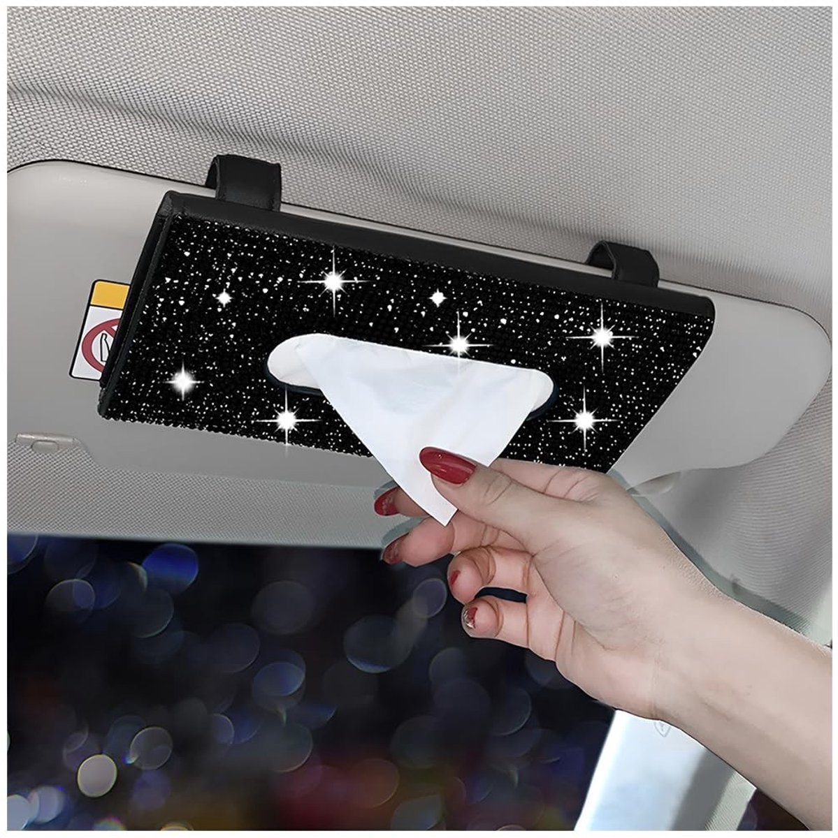 Dailygoods - Dailygoody - Bling Zakdoekdoos - Auto Accessoires - Glinsterend PU-leer - Zwart - Zakdoekendoos voor huis en auto - Kristal Design