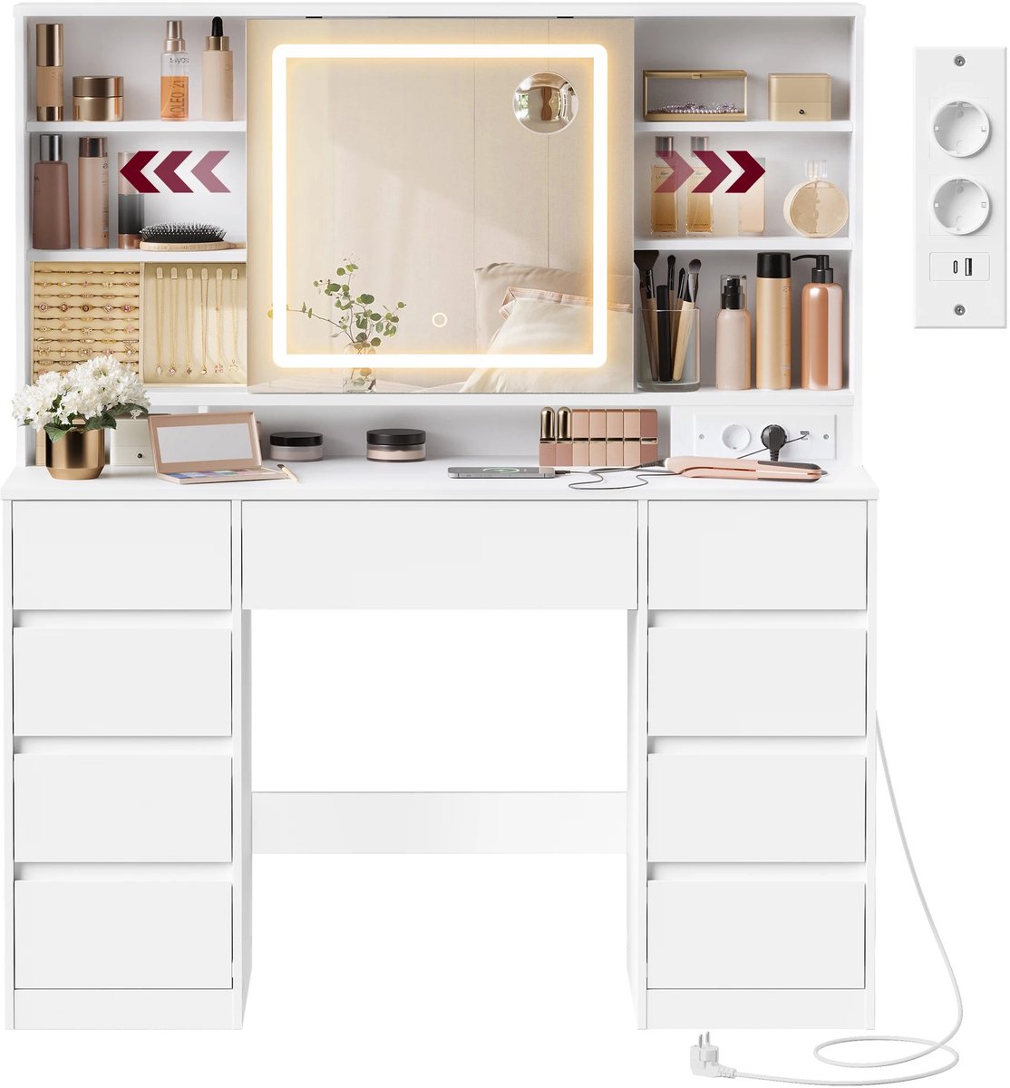 Questyr - makeup tafel - spiegel - LED lamp - stopcontactstrip - 9 lades - 10 vergrotende spiegel - 3 lichts