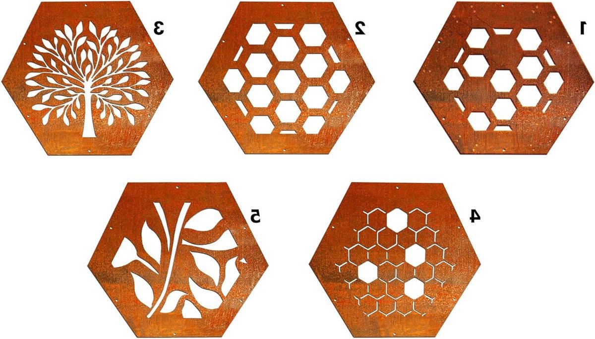 Decoratieplaat Hexagon - Brandhoutrek Cortenstaal - Opslag Brandhout - Modulair Ontwerp - 40 cm - Roestbruin