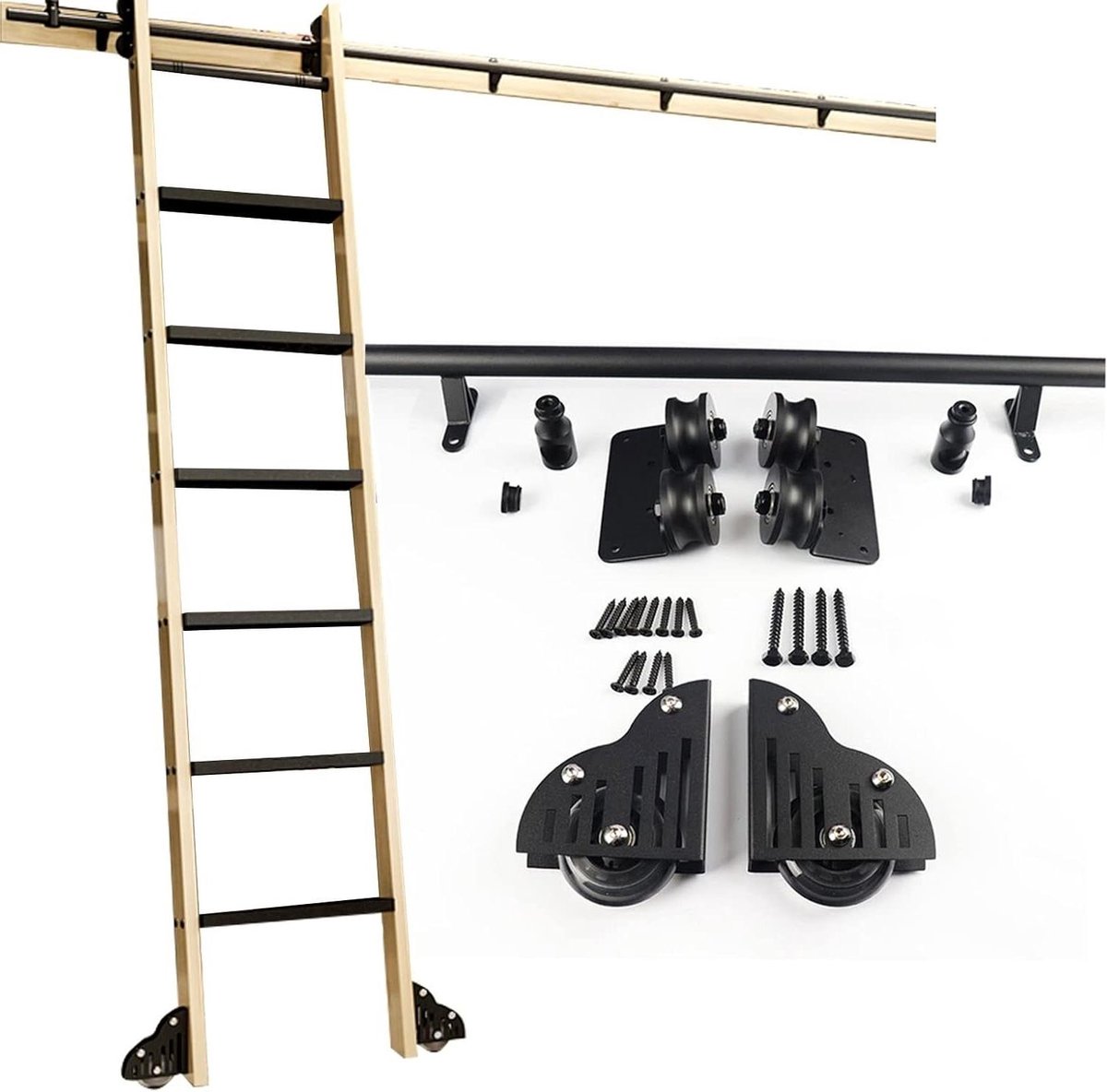 Schuifladder hardware - Rolsysteem ladder - Bereik hoge plekken - Stille soepele loop - 300 cm rail - Zwart